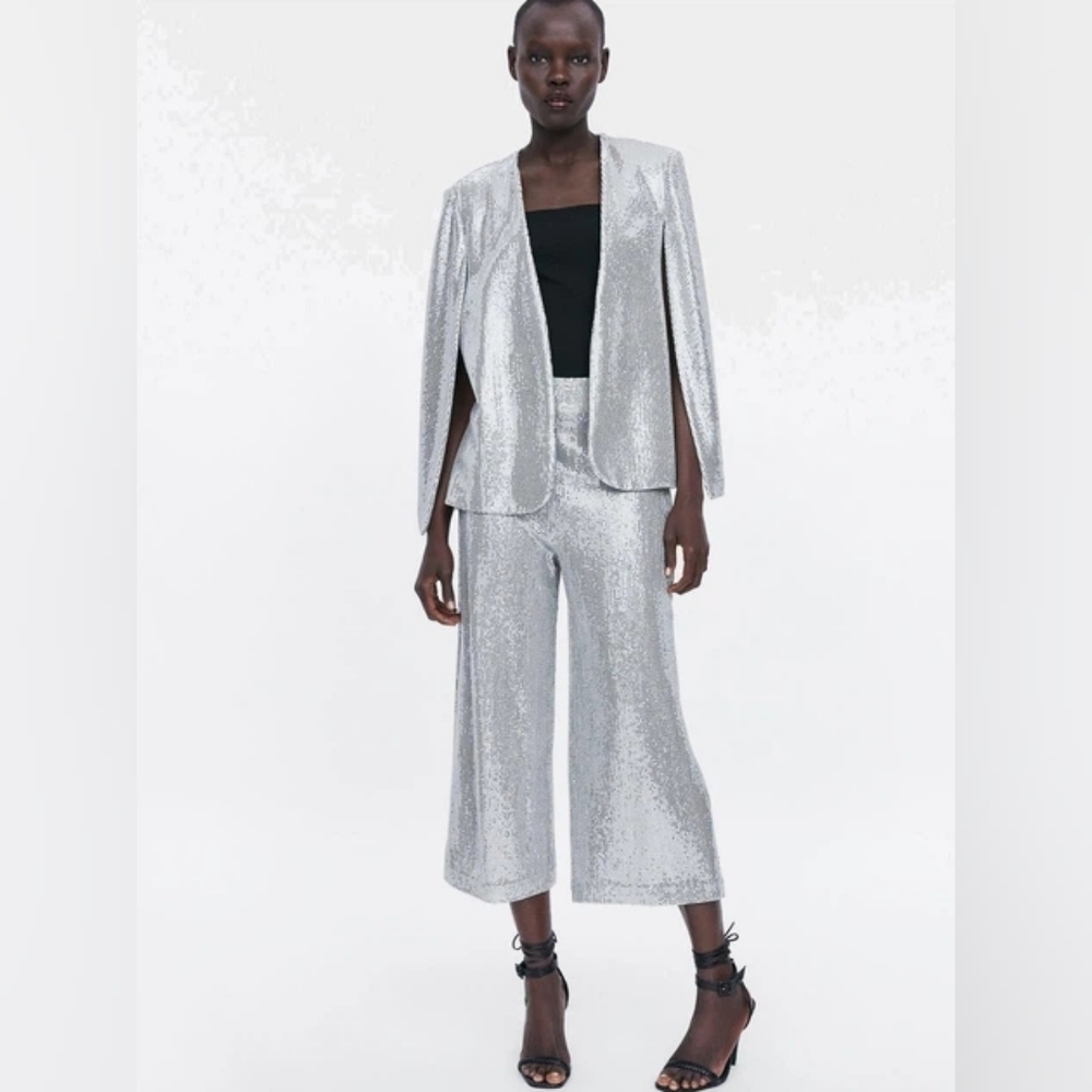 ZARA Silver Sequin Cape Blazer Jacket Metallic Size L - Picture 3 of 14